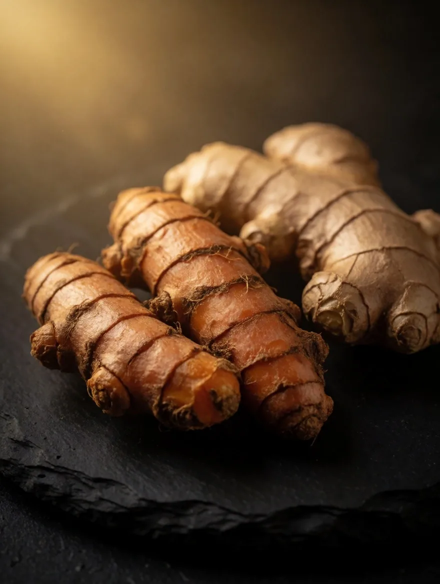 Ginger and turmeric roots on dark paper