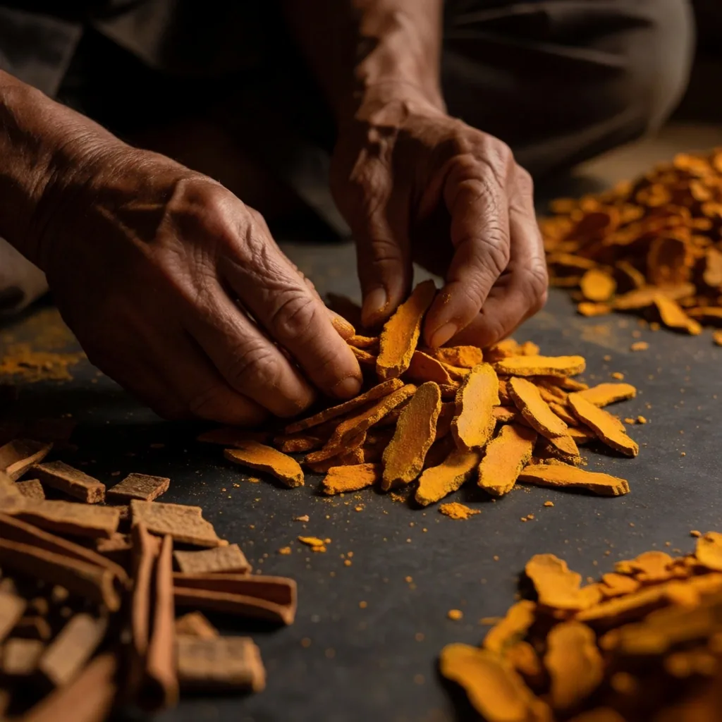 Hands sorting dried herbs on dark paper