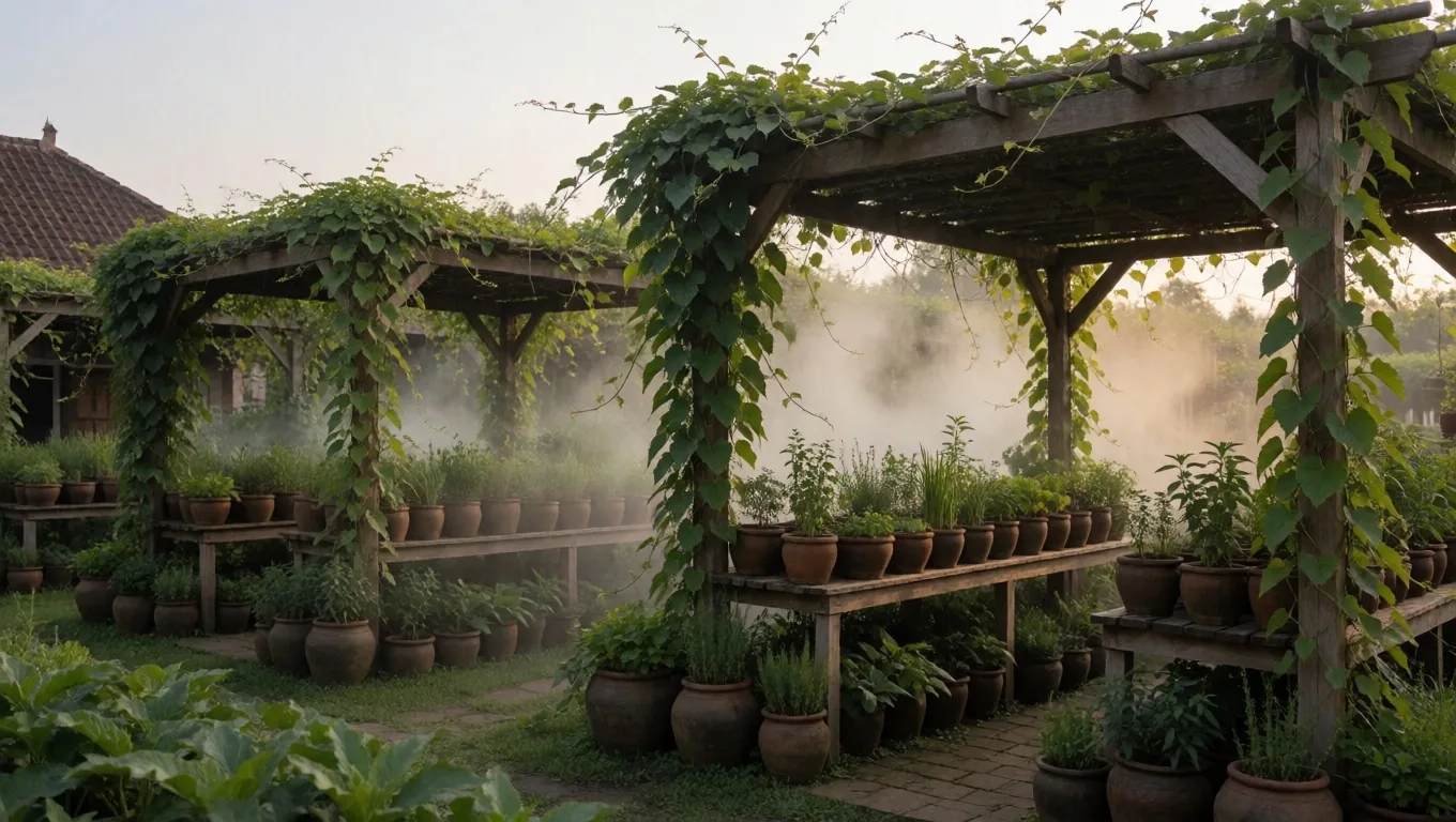 Tropical herb garden at golden hour in Makassar