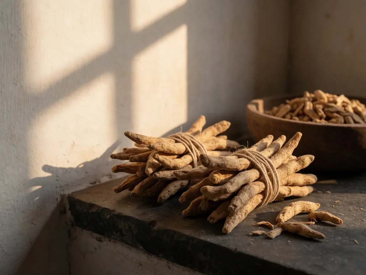 Dried ashwagandha root specimens on dark paper