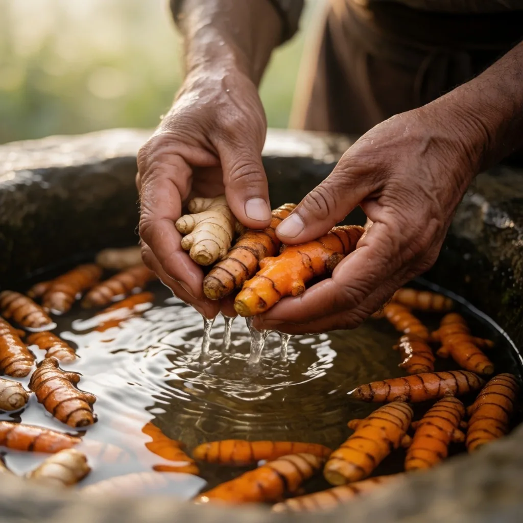 Hands sorting dried herbs on a workbench