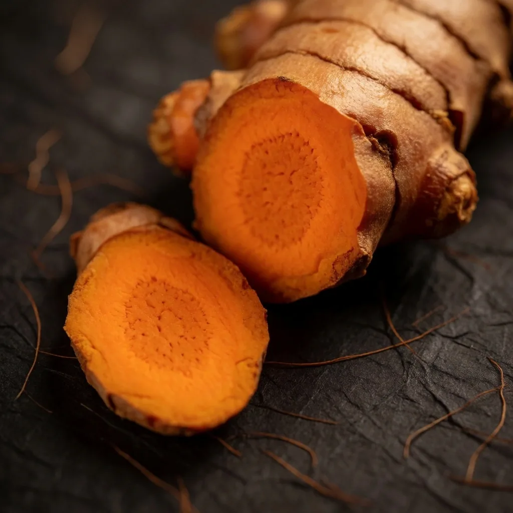 Turmeric root cross-section on dark paper