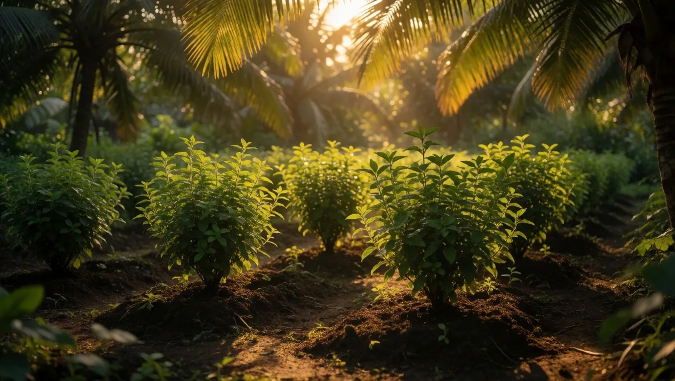 Tropical herb garden at golden hour in Makassar