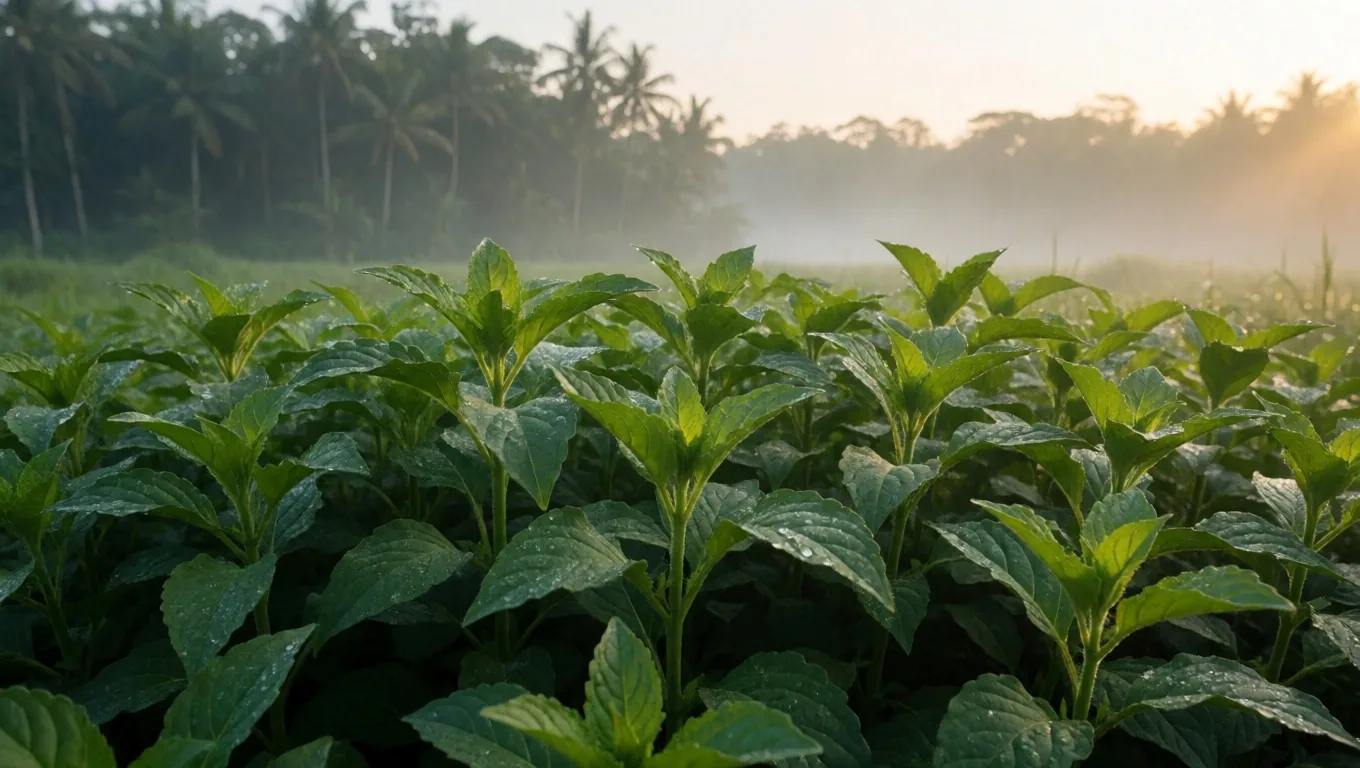 Tropical herb garden beds under warm afternoon light